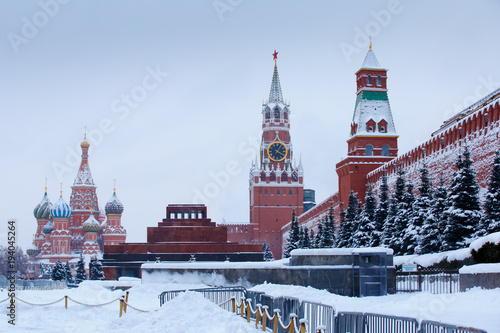 After great winter snowfall at Moscow Red Square with Cathedral of Saint Basil the Blessed and Lenin mausoleum
