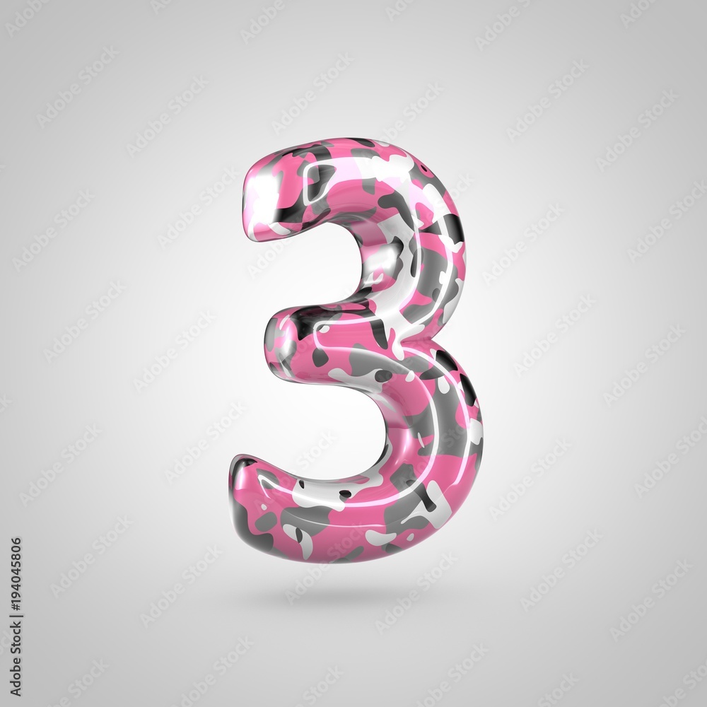 Camouflage number 3 with pink, grey, black and white camouflage pattern isolated on white background. Camouflage number 3 with pink, grey, black and white camouflage pattern isolated on white background.