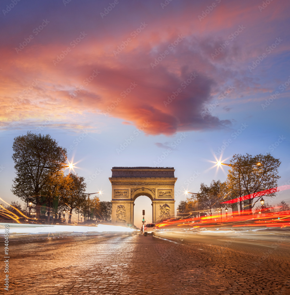 Arc de Triumph at night in Paris, France