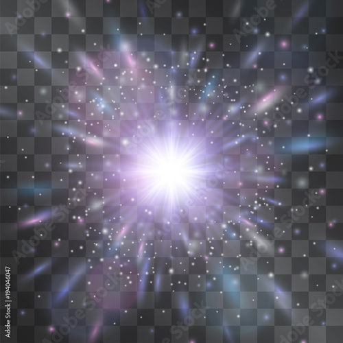 Star surrounded by hotspots vector cold light effect on transparent background. Multiple neon cold rainbow sun flares around illumination source. Magical projector design.