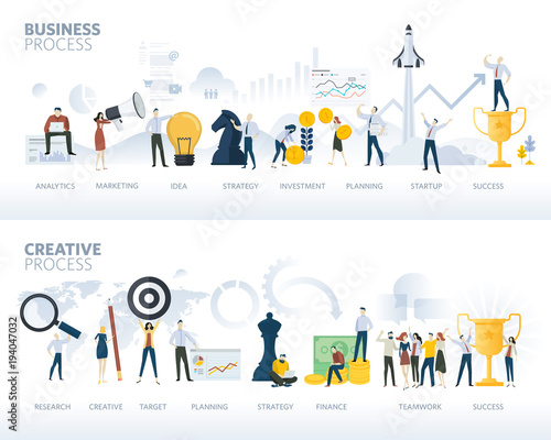 Set of flat design web banners of business process and creative process, isolated on white. Vector illustration concepts for business plan, startup, design process, creativity and product development.