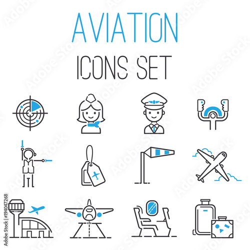 Aviation icons vector set airline outline graphic illustration flight airport transportation passenger design departure.