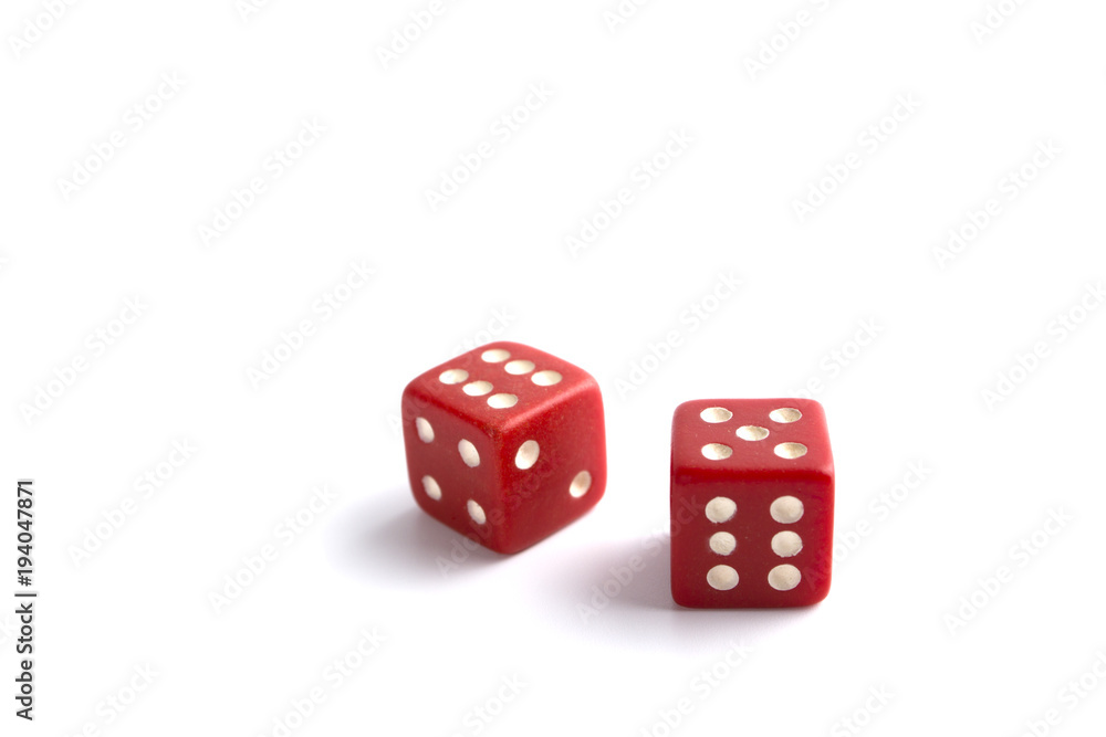 Red Dice in Air Rolling with Shadows Isolated on White Background. Red Dice in Air Rolling with Shadows Isolated on White Background.