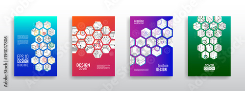 Abstract technology cover with hexagon elements. High tech brochure design concept. Futuristic business layout. Digital poster templates.