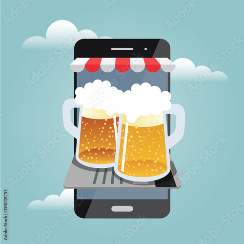 Online shopfront. Mobile searching. Looking for bar. Isometric mobile and beer. Online payments by credit card