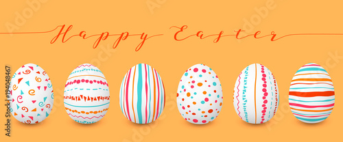Happy Easter. Set of colorful Easter eggs with different simple textures. simple orange, red, blue stripes