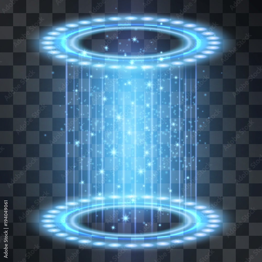 Futuristic neon light portal, blue laser cylinder shape light with glowing  sparkles on transparent background. Magical glittering illumination.  Blinking energy stream. Stock Vector | Adobe Stock