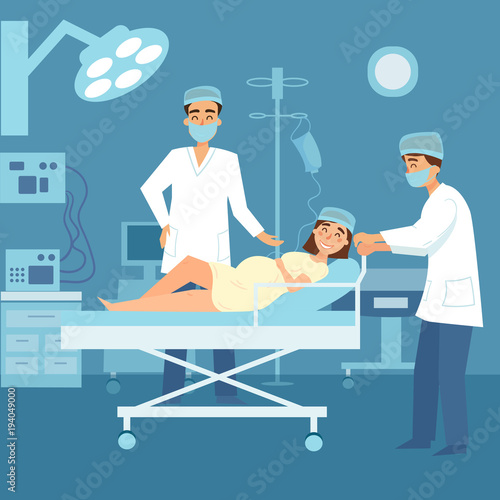 Pregnant woman on coach in medical clinic perinatal centre is ready to give a birth for a child. Obsetrician doctors in hospital. Childbirth vector illustration
