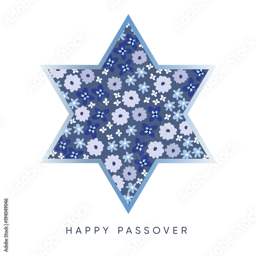 Pesach, Passover greeting card with blue jewish star and hand drawn flowers pattern,. Vector illustration background.