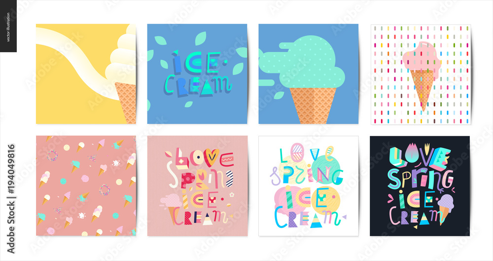 Set of the postcards on Love, spring, ice cream