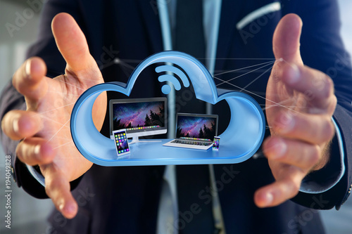 Devices like smartphone, tablet or computer displayed in a cloud- 3d render