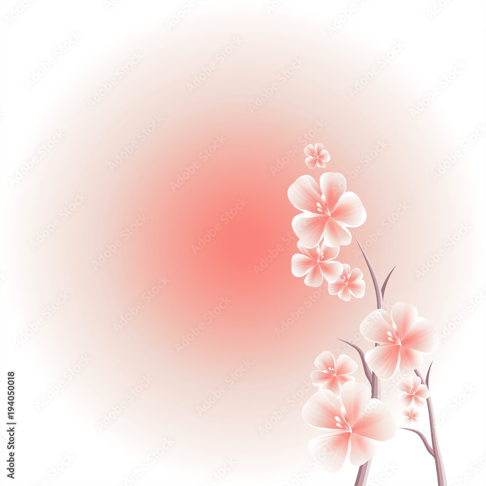 Branches of Sakura with Pink flowers isolated on Pink gradient background. Apple-tree flowers. Cherry blossom. Vector Branches of Sakura with Pink flowers isolated on Pink gradient background. Apple-tree flowers. Cherry blossom. Vector