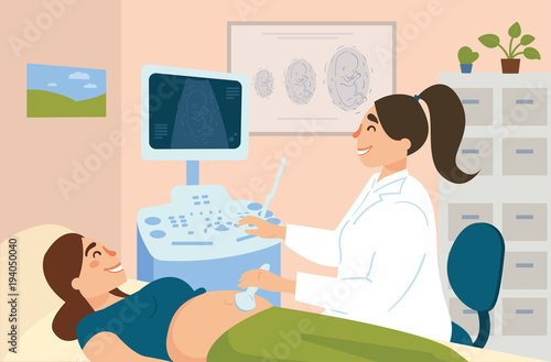 Ultrasonography of pregnant woman in hospital. Gynecologist doctor examine female patient with ultrasonic equipment in clinic. Image of child embryo on monitor. Pregnancy consultation. Vector flat