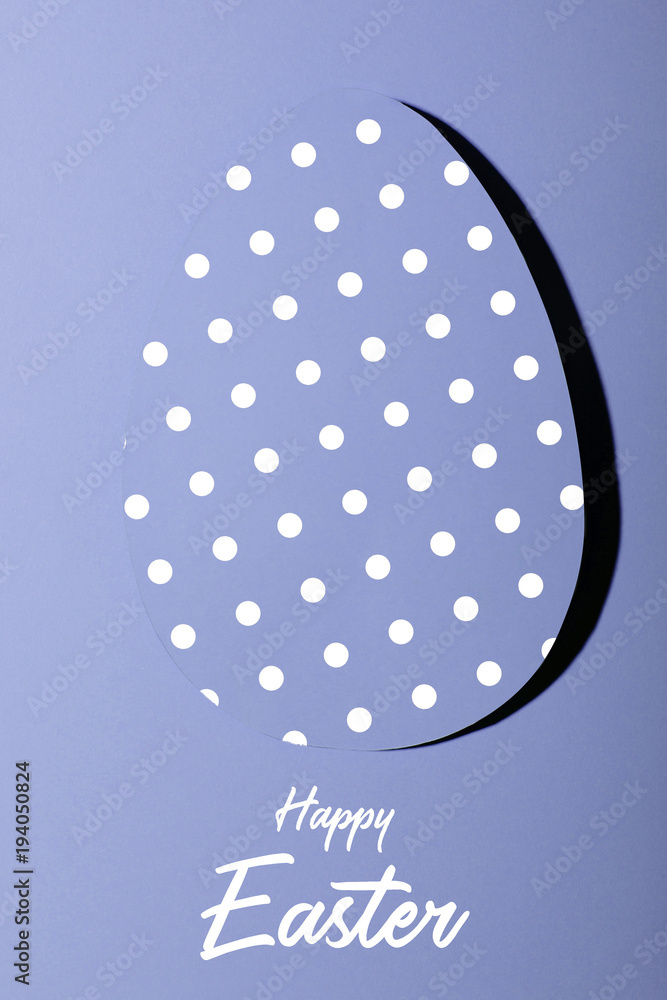Easter greeting card with pastel violet paper eggs with dots .Creative greeting concept. Inscription happy easter.Layout .minimalism