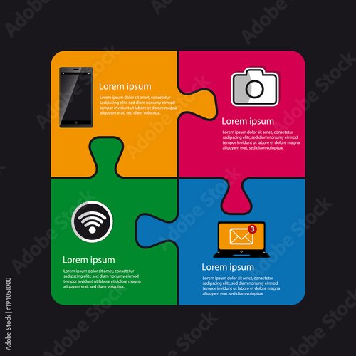 Technologie Puzzle Design mit Handy, Kamera, Laptop und Wlan Symbol - Bunte Vektor Illustration