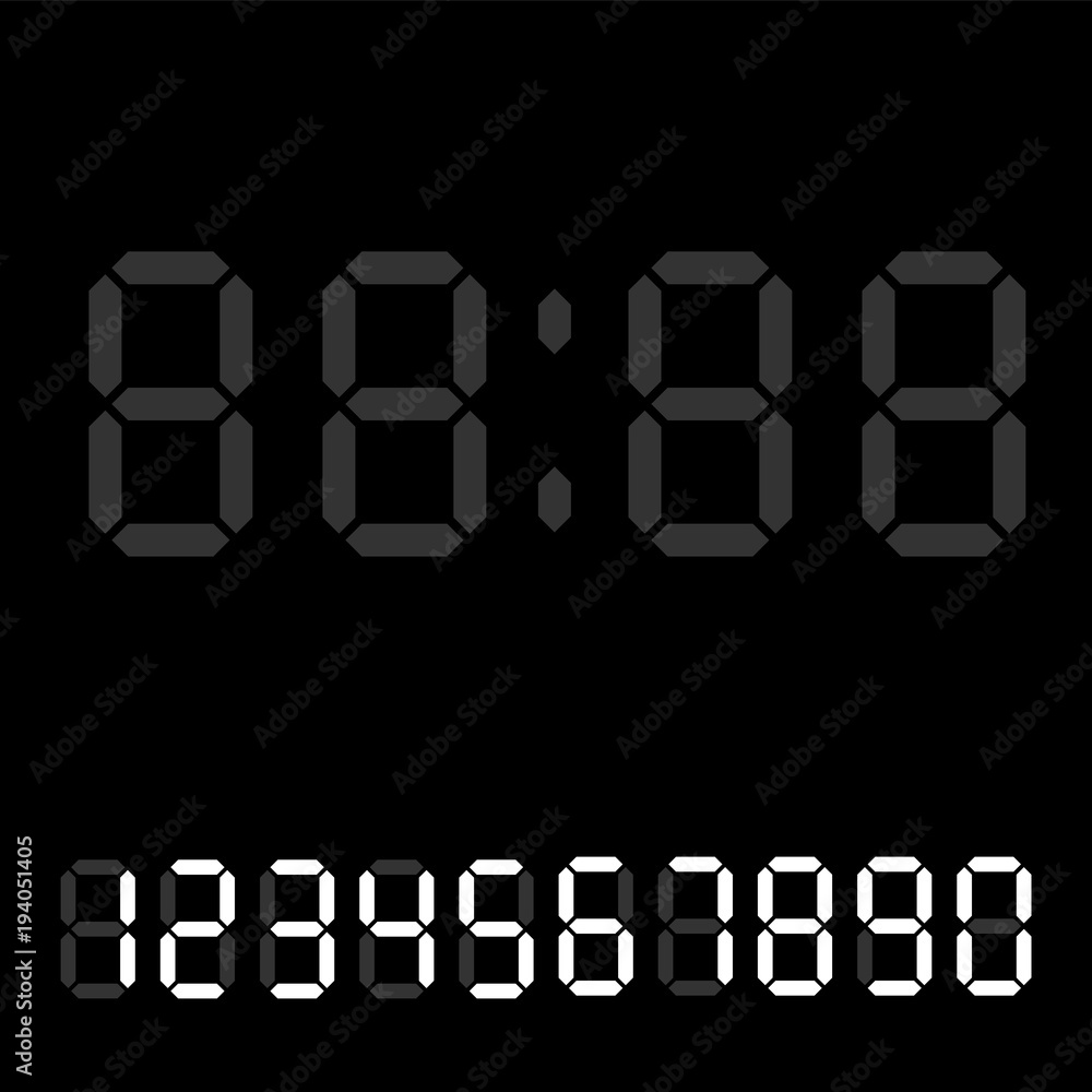 Digital clock. Calculator digital numbers. Alarm clock letters. Numbers set for a digital watch and other electronic devices. Vector 10 EPS Digital clock. Calculator digital numbers. Alarm clock letters. Numbers set for a digital watch and other electronic devices. Vector 10 EPS