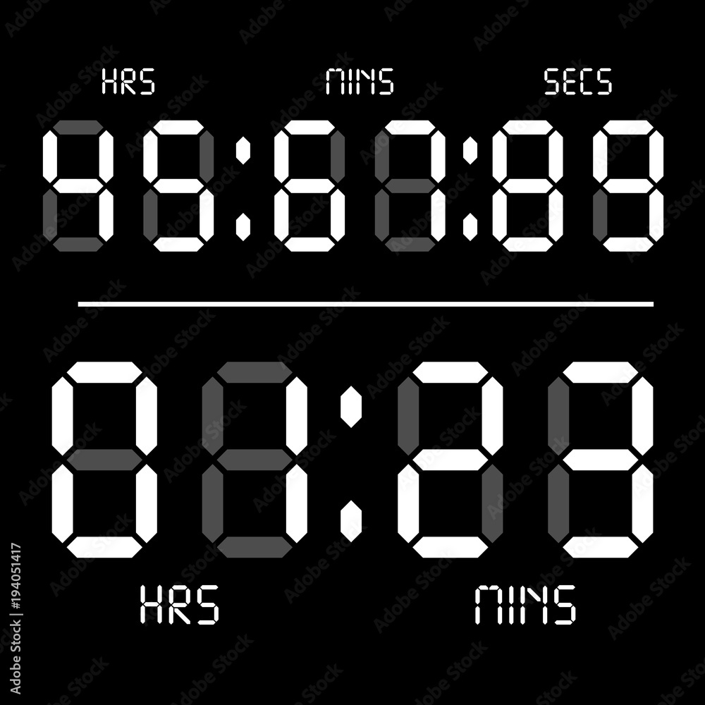 Digital clock. Calculator digital numbers. Alarm clock letters. Numbers set for a digital watch and other electronic devices. Vector 10 EPS Digital clock. Calculator digital numbers. Alarm clock letters. Numbers set for a digital watch and other electronic devices. Vector 10 EPS
