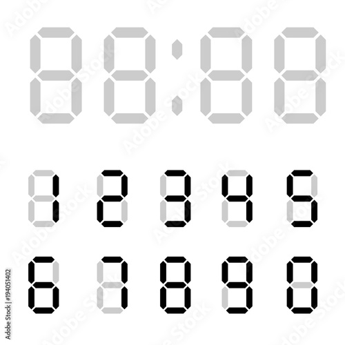 Digital clock. Calculator digital numbers. Alarm clock letters. Numbers set for a digital watch and other electronic devices. Vector 10 EPS