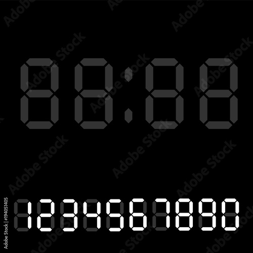 Digital clock. Calculator digital numbers. Alarm clock letters. Numbers set for a digital watch and other electronic devices. Vector 10 EPS