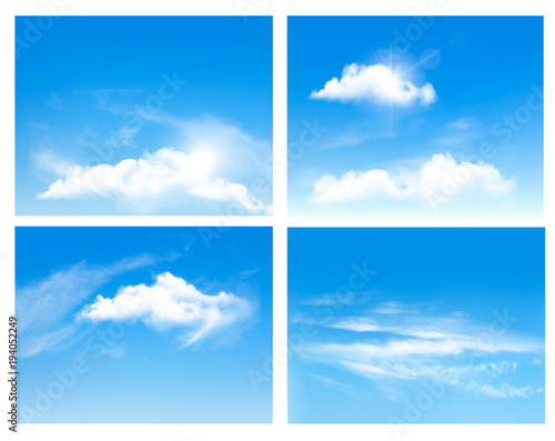 Collection of backgrounds with blue sky and clouds. Vector backgrounds.