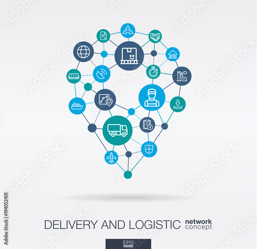 Logistic integrated thin line web icons in map pin sape, gps navigation marker. Digital network concept. Abstract background for warehouse, storage, shipping delivery and distribution. Vector