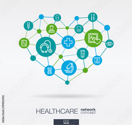 Healthcare, integrated thin line web icons in heart shape. Digital neural network interact concept. Connected polygons system. Abstract background for medicine and medical service. Vector Infograph