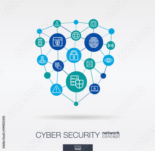 Cyber security integrated thin line web icons in shield shape. Digital network concept. Connected graphic design polygons, circles system. Abstract big data protect background, internet safety. Vector