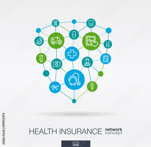 Healthcare integrated thin line web icons in shield shape. Digital network concept. Connected graphic design polygons and circles system. Abstract background for medicine and medical service. Vector