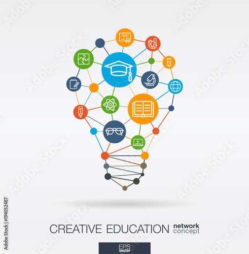 Education integrated thin line web icons. Idea, solution in light bulb shape. Digital network concept. Connected polygons and circles system. Elearning, graduation, school abstract background. Vector