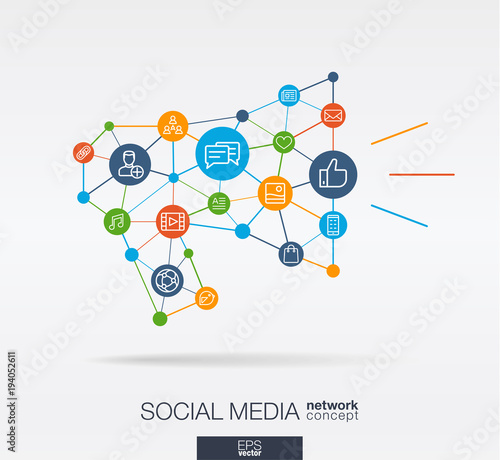 Social Media integrated thin line web icons in megaphone message shape. Digital neural network interact concept. Connected graphic design polygons and circles system. Background for market service