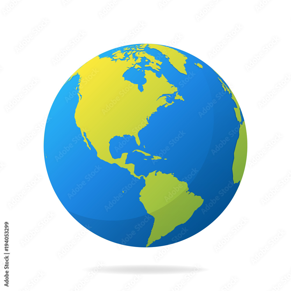 Earth globe with green continents. Modern 3d world map concept. World map realistic blue ball vector illustration