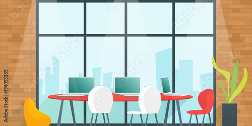 Office desk for team planning and working In the meeting room. Coworking space concept. Cartoon Vector illustration
