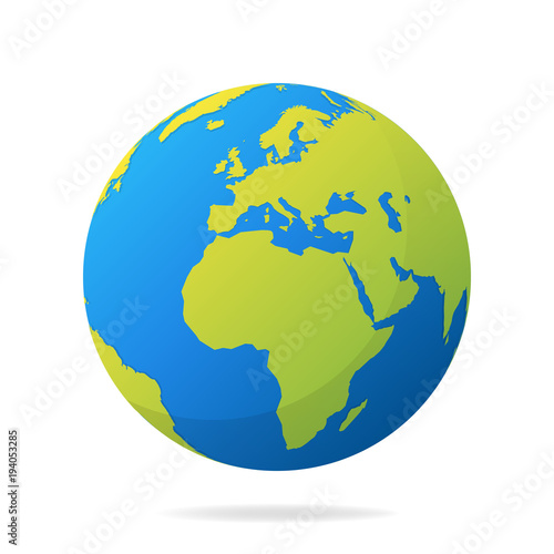 Earth globe with green continents. Modern 3d world map concept. World map realistic blue ball vector illustration