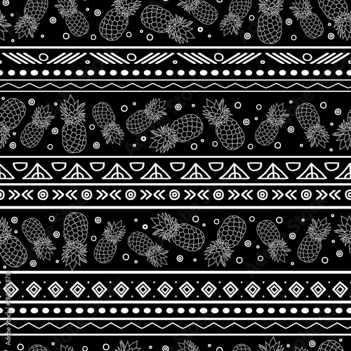 Vector black and white tribal pineapples stripes seamless pattern background. Great for fabric, wallpaper, invitations, scrapbooking.