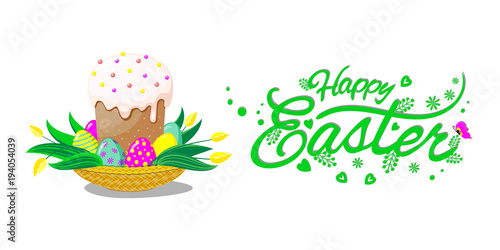 Basket with easter cake  eggs and tulips. Lettering Happy Easter. Vector illustration.