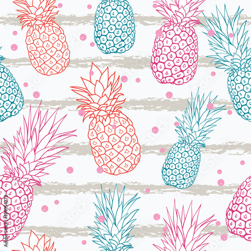 Vector pineapple on grunge stripes summer colorful tropical seamless pattern background. Great as a textile print, party invitation or packaging.