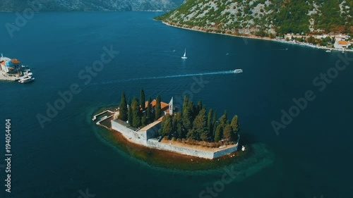 Montenegro,Perast.Flying over Sveti Dorde island at the sea.Aerial drone footage