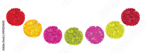 Vector Set of Cute Red, Pink, and Yellow Birthday Party Paper Pom Poms. Great for handmade cards, invitations, wallpaper, packaging, nursery designs.