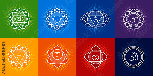 Chakras system of human body - used in Buddhism and Ayurveda. For design, associated with yoga - poster, banner. Vector Sahasrara, Ajna, Vishuddha, Anahata, Manipura, Swadhisthana, Muladhara, symbol O