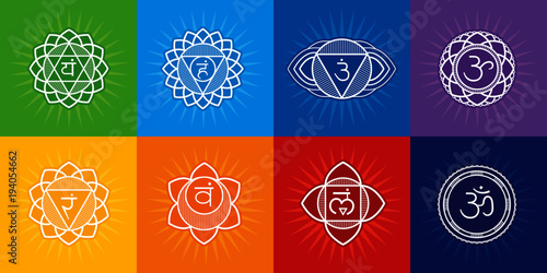 Symbol Om vector square flat illustration - for yoga studio. Used in Hinduism, Buddhism and Ayurveda. Editable concept.