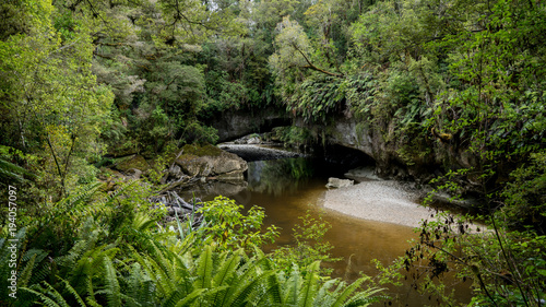 Mystic brown, reflective river flowing through Moria Gate Arch, Oparara Basin
