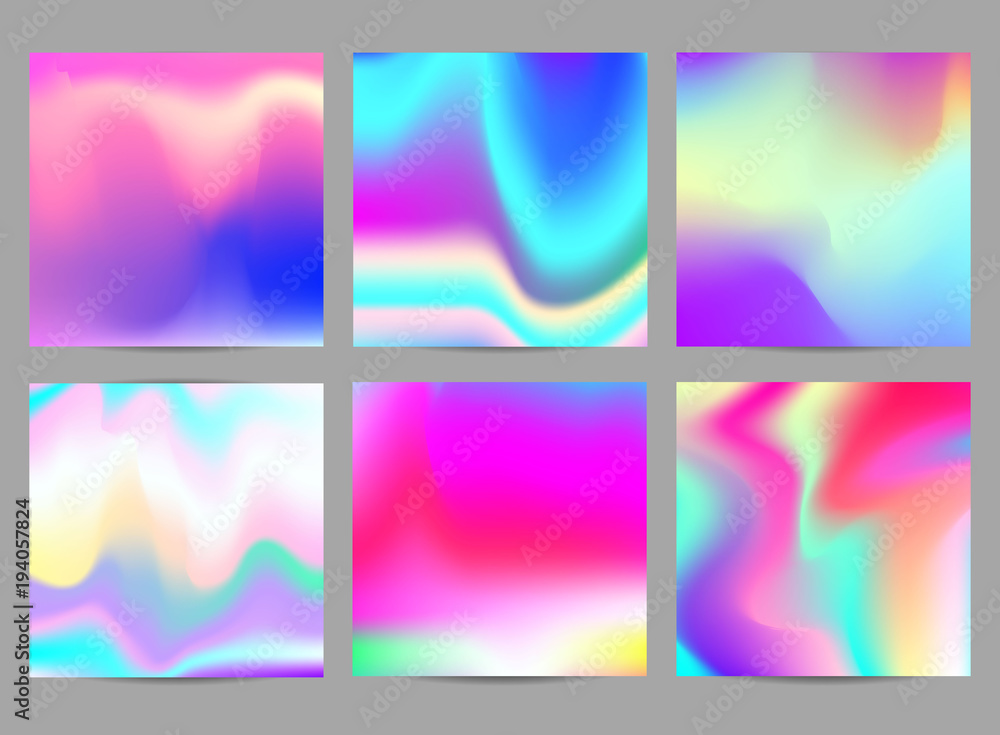 Fluid iridescent multicolored backgrounds. Vector illustration of fluids. Poster set with holographic neon effect. Applicable for flyer, banner, poster, brochure, card.