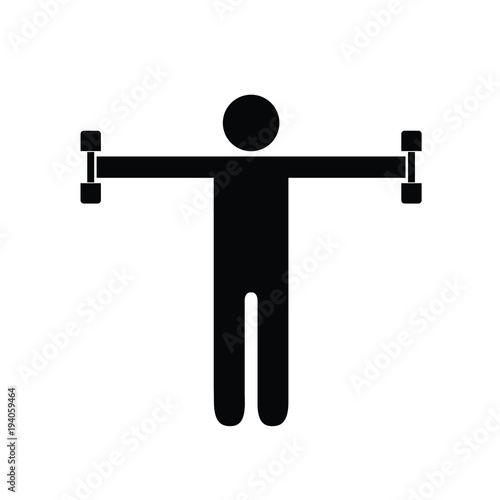Pictogram man holding dumbbells on his sides. Isolated vector on white background.