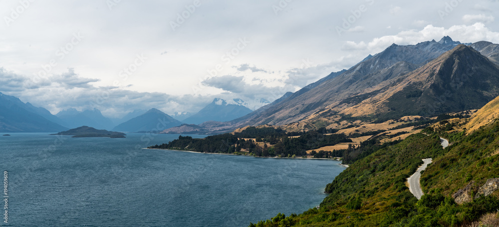 Winding road towards mountains around Lake Wakatipu, New Zealand