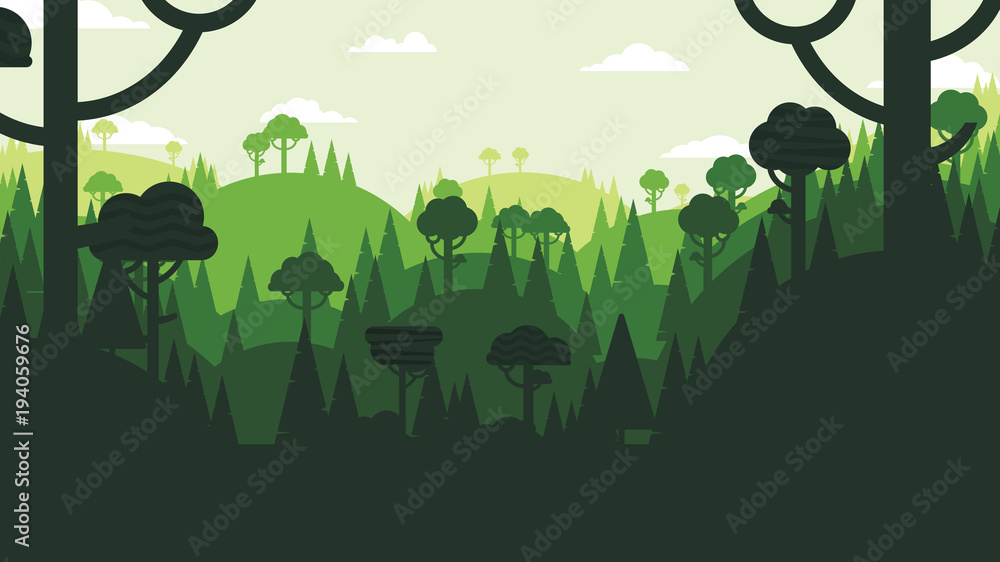 Fototapeta premium Green silhouette forest and mountains landscape abstract background.Nature and environment conservation concept flat design.Vector illustration.