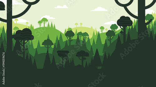 Green silhouette forest and mountains landscape abstract background.Nature and environment conservation concept flat design.Vector illustration.