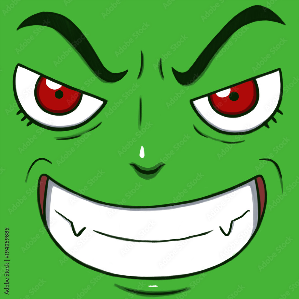 Evil smiling face isolated in green color. Evil smiling face isolated in green color.