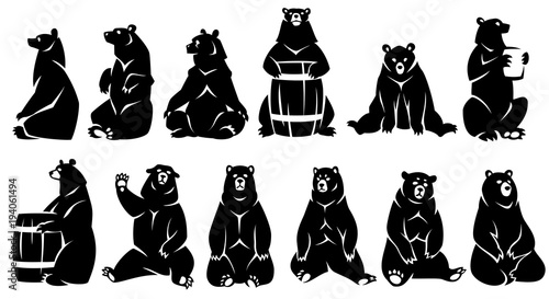 Decorative illustration sitting bears. Black silhouette. Isolated on a white background.