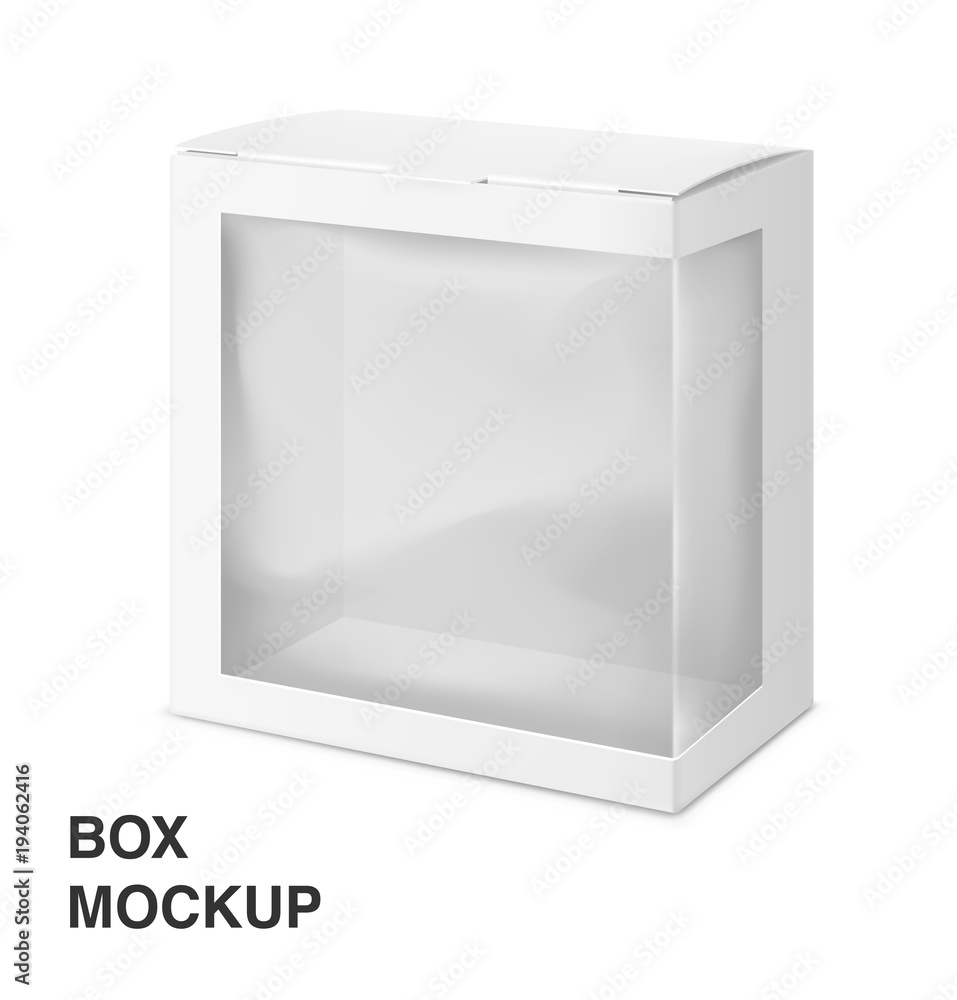 Universal mockup of blank cardboard box with transparent window. Vector illustration isolated on white background, ready and simple to use for your design. EPS 10 Universal mockup of blank cardboard box with transparent window. Vector illustration isolated on white background, ready and simple to use for your design. EPS 10