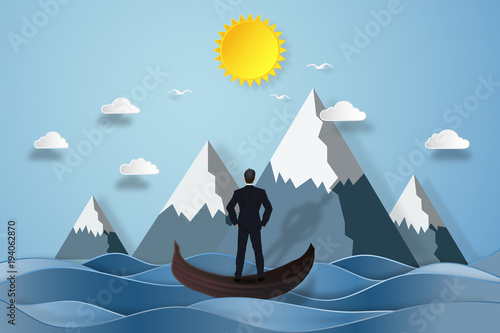 Businessman on the gondola boat and looking the Big sun on sea in the morning as business, goal, target, paper art and craft style concept. vector illustration.